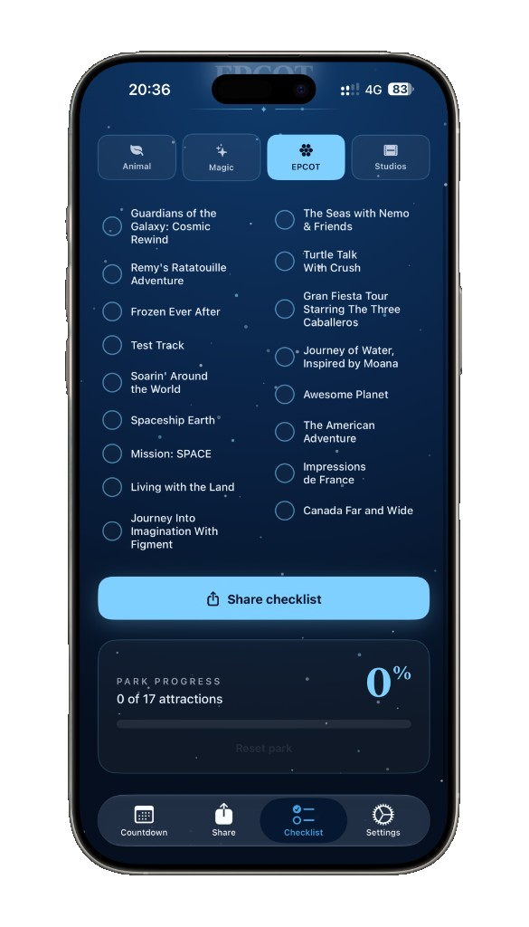 Ear We Go attraction checklist for EPCOT with ride completion tracking
