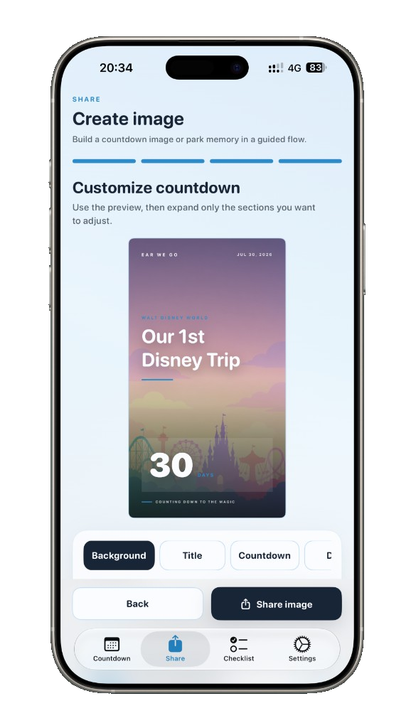 Ear We Go countdown creator showing a Walt Disney World trip countdown ready to share