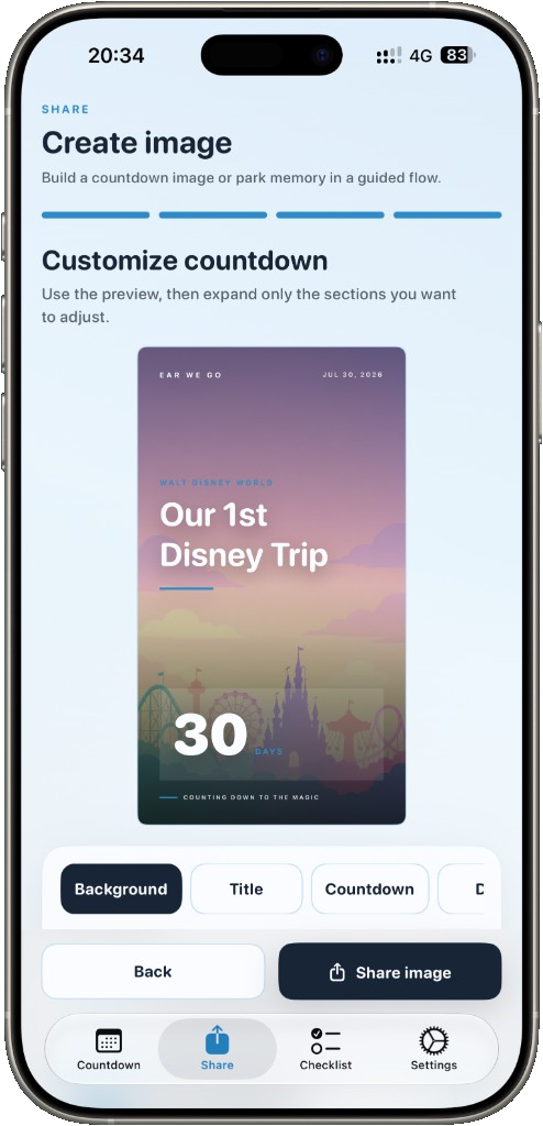 Ear We Go countdown customisation screen with theme and share preview