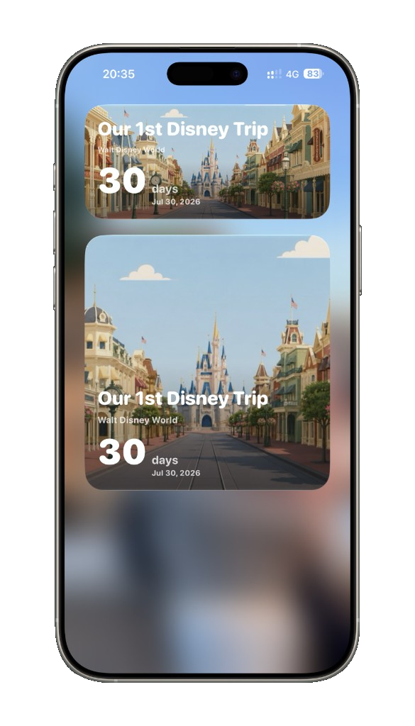 Ear We Go home screen and lock screen widgets showing days until a Disney trip