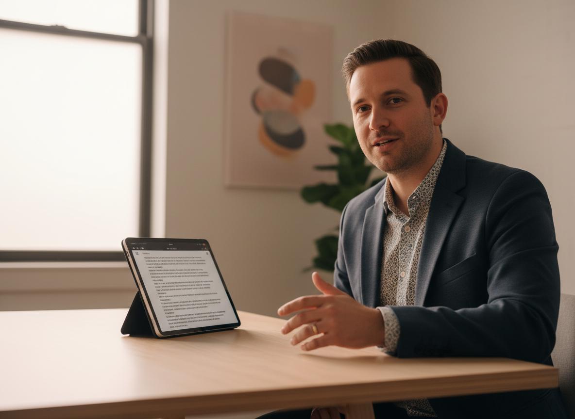 Person speaking confidently with a tablet teleprompter
