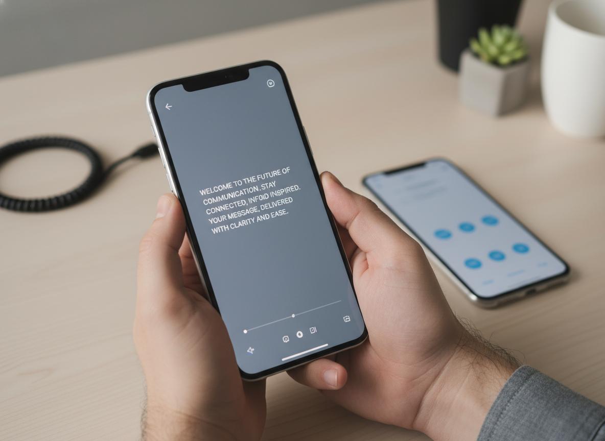 Hands holding a smartphone with teleprompter interface